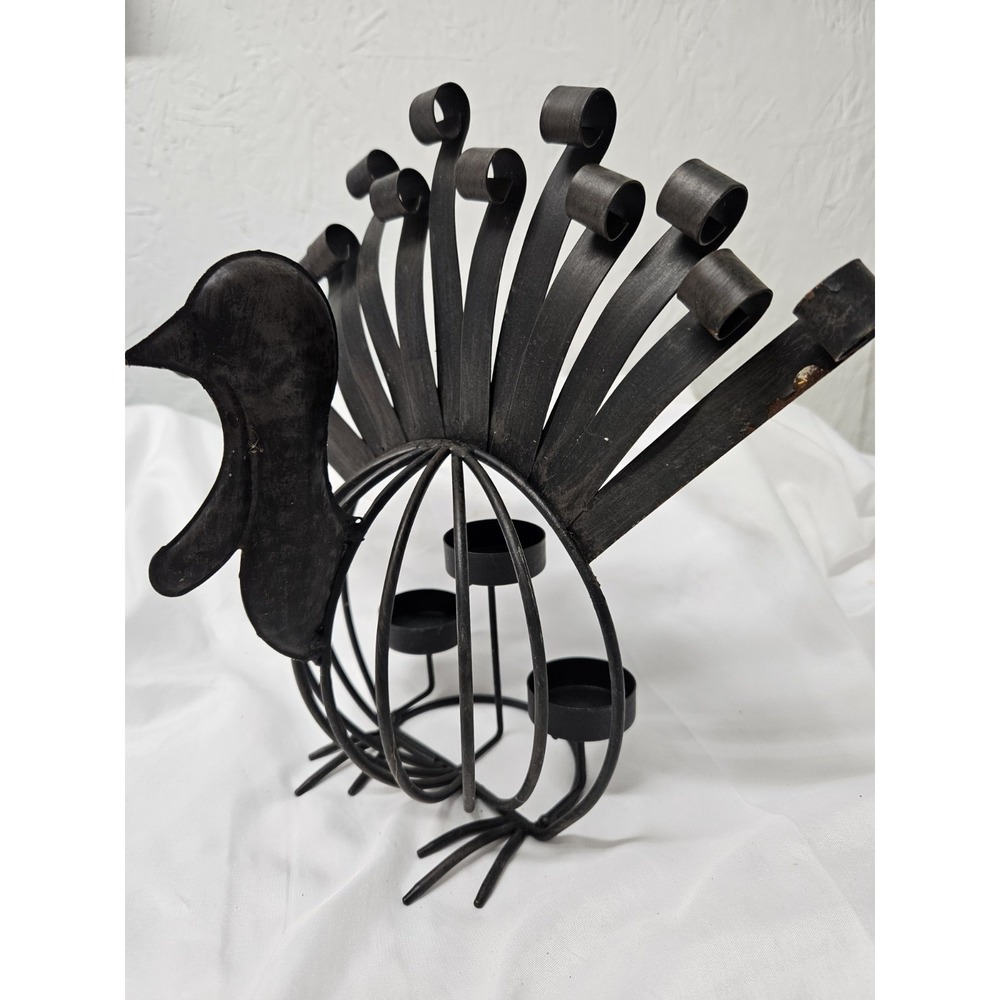 Vintage Wrought Iron Turkey Candle Holder Thanksgiving Decor Black Metal Votive